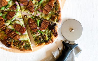 Grilled Lightlife Plant-Based Italian Sausage and Pesto Pizza